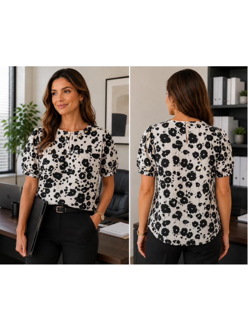 Women's Worthington Floral Blouse Size L Black and White